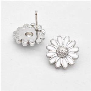 Copper Sunflower Stud Earrings White Enamel Platinum Plated, approx 14mm [FD16236]
