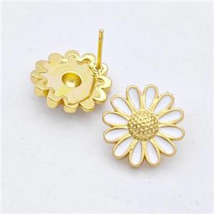 Copper Sunflower Stud Earrings White Enamel Gold Plated, approx 14mm [FD16237]