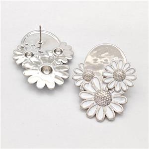 Copper Sunflower Stud Earrings White Enamel Platinum Plated, approx 30-36mm [FD16238]