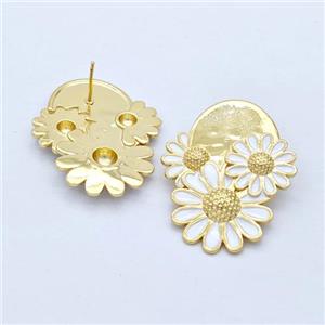 Copper Sunflower Stud Earrings White Enamel Gold Plated, approx 30-36mm [FD16239]