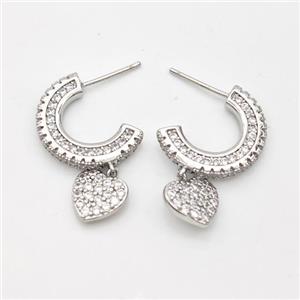 Copper Stud Earrings Micro Pave Zirconia Heart Platinum Plated, approx 9mm, 13-18mm [FD16253]