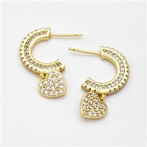 Copper Stud Earrings Micro Pave Zirconia Heart Gold Plated, approx 9mm, 13-18mm [FD16254]