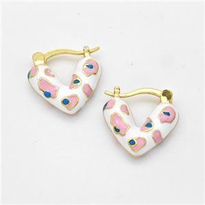 Copper Latchback Earrings Heart White Enamel Gold Plated, approx 16mm [FD16255]