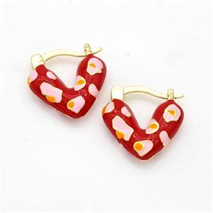 Copper Latchback Earrings Heart Red Enamel Gold Plated, approx 16mm [FD16258]