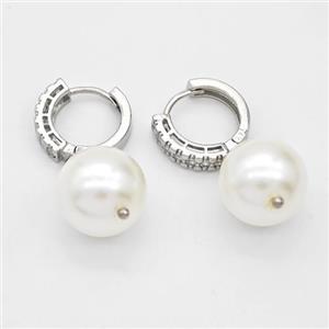 Copper Hoop Earrings Pave Zirconia White Pearlized Plastic Platinum Plated, approx 14mm, 16mm dia [FD16259]