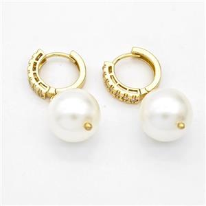 Copper Hoop Earrings Pave Zirconia White Pearlized Plastic Gold Plated, approx 14mm, 16mm dia [FD16260]