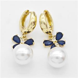 Copper Butterfly Hoop Earrings Pave Zirconia White Pearlized Plastic Gold Plated, approx 12mm, 10-14mm, 15mm dia [FD16262]