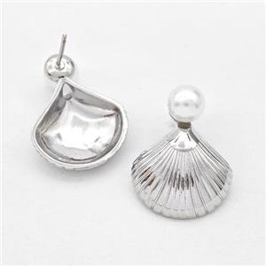 Copper Stud Earring Pave Pearlized Plastic Scallop Shell Platinum Plated, approx 7mm, 17-18mm [FD16263]