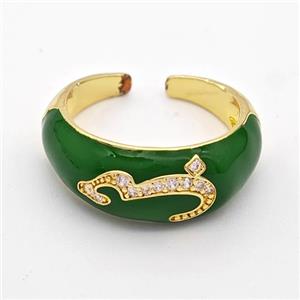 Copper Rings Pave Zirconia Green Enamel Seahorse Gold Plated, approx 9mm, 18mm dia [FD16305]