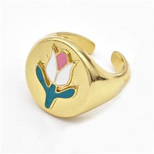 Copper Tulip Rings Enamel Flower Gold Plated, approx 19mm, 18mm dia [FD16311]