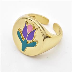 Copper Tulip Rings Enamel Flower Gold Plated, approx 19mm, 18mm dia [FD16312]