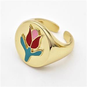 Copper Tulip Rings Enamel Flower Gold Plated, approx 19mm, 18mm dia [FD16313]