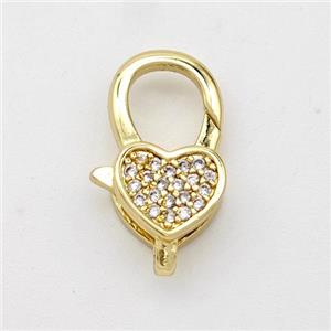 Copper Lobster Clasp Micro Pave Zirconia Heart 18K Gold Plated, approx 11-17mm [FD16384]