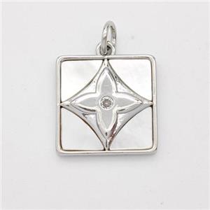 Copper Square Pendant Pave Shell Clover Platinum Plated, approx 15x15mm [FD16434]