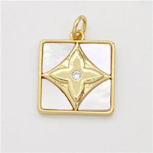 Copper Square Pendant Pave Shell Clover 18K Gold Plated, approx 15x15mm [FD16435]