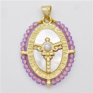 Copper Oval Pendant Pave Shell Angel Wing Cross Crystal Glass Wire Wrapped 18K Gold Plated, approx 24-30mm [FD16456]