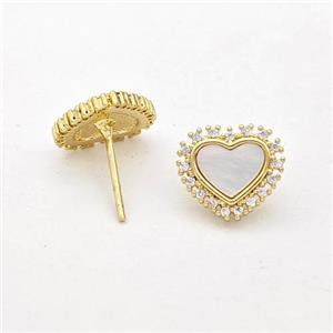 Copper Heart Stud Earrings Pave Shell Zirconia 18K Gold Plated, approx 12mm [FD16460]