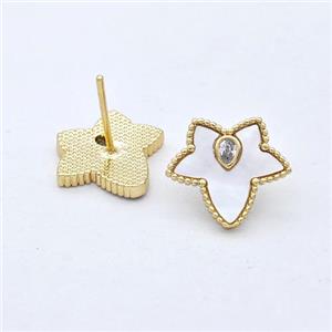 Copper Leaf Stud Earrings Pave Zirconia Maple 18K Gold Plated, approx 12-14mm [FD16461]