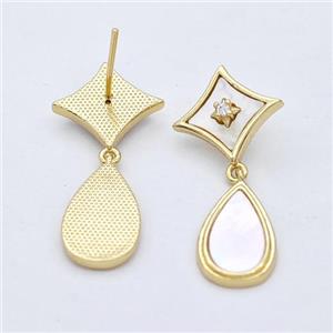 Copper Teardrop Stud Earrings Pave Shell 18K Gold Plated, approx 15mm, 10-16mm [FD16463]