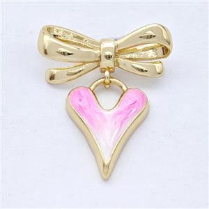 Copper Bowknot Heart Pendant Pink Painted 18K Gold Plated, approx 14-19mm, 9-23mm [FD16654]