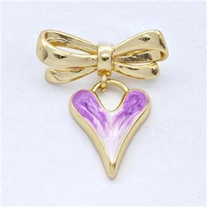 Copper Bowknot Heart Pendant Purple Painted 18K Gold Plated, approx 14-19mm, 9-23mm [FD16656]