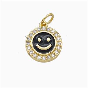 Copper Emoji Pendant Pave Zirconia Black Enamel Smile Face Gold Plated, approx 11.5mm [FD16672]