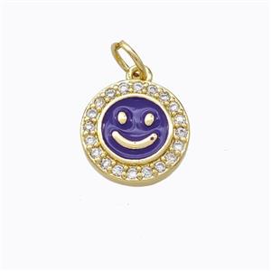 Copper Emoji Pendant Pave Zirconia Purple Enamel Smile Face Gold Plated, approx 11.5mm [FD16677]