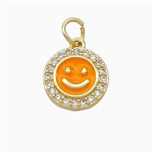 Copper Emoji Pendant Pave Zirconia Orange Enamel Smile Face Gold Plated, approx 11.5mm [FD16678]