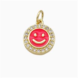 Copper Emoji Pendant Pave Zirconia Red Enamel Smile Face Gold Plated, approx 11.5mm [FD16679]