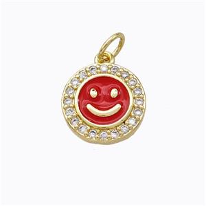 Copper Emoji Pendant Pave Zirconia Red Enamel Smile Face Gold Plated, approx 11.5mm [FD16680]