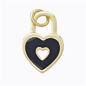 Copper Heart Lock Pendant Black Enamel Gold Plated, approx 12-19mm [FD16705]