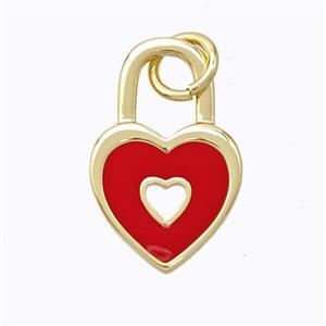 Copper Heart Lock Pendant Red Enamel Gold Plated, approx 12-19mm [FD16713]