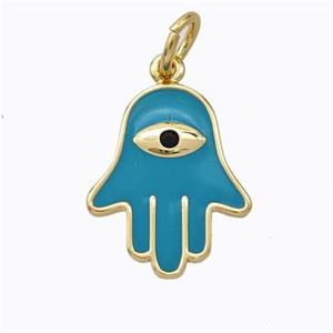 Copper Hamsahand Pendant Teal Enamel Eye Gold Plated, approx 14-17mm [FD16764]