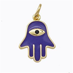 Copper Hamsahand Pendant Purple Enamel Eye Gold Plated, approx 14-17mm [FD16765]