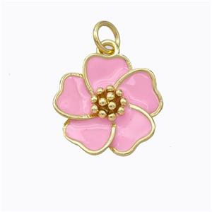 Copper Flower Pendant Pink Enamel Gold Plated, approx 15mm [FD16772]