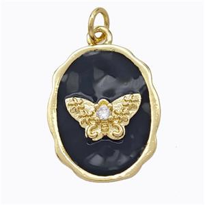 Copper Butterfly Pendant Pave Zirconia Black Enamel Oval Gold Plated, approx 16-20mm [FD16804]