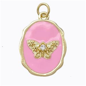 Copper Butterfly Pendant Pave Zirconia Pink Enamel Oval Gold Plated, approx 16-20mm [FD16805]