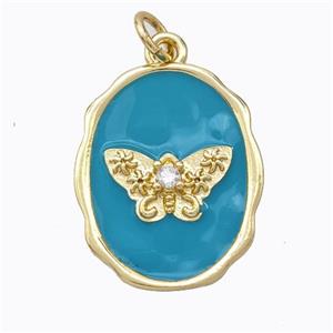 Copper Butterfly Pendant Pave Zirconia Teal Enamel Oval Gold Plated, approx 16-20mm [FD16808]