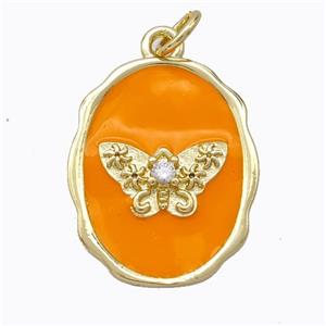 Copper Butterfly Pendant Pave Zirconia Orange Enamel Oval Gold Plated, approx 16-20mm [FD16810]