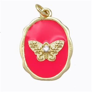 Copper Butterfly Pendant Pave Zirconia Red Enamel Oval Gold Plated, approx 16-20mm [FD16811]
