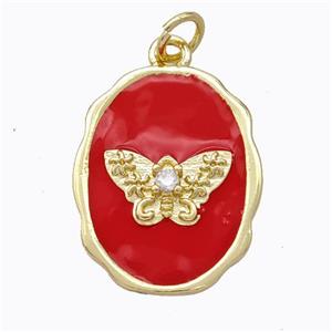 Copper Butterfly Pendant Pave Zirconia Red Enamel Oval Gold Plated, approx 16-20mm [FD16812]