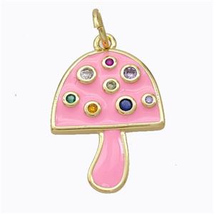 Copper Mushroom Pendant Micro Pave Zirconia Pink Enamel Gold Plated, approx 16-20mm [FD16816]