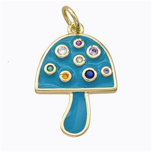 Copper Mushroom Pendant Micro Pave Zirconia Teal Enamel Gold Plated, approx 16-20mm [FD16819]