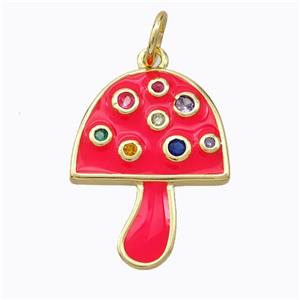 Copper Mushroom Pendant Micro Pave Zirconia Red Enamel Gold Plated, approx 16-20mm [FD16822]