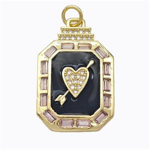 Cupid Arrow Heart Charms Copper Pendant Pave Zirconia Black Enamel Rectangle Gold Plated, approx 16-23mm [FD16848]