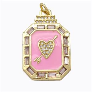Cupid Arrow Heart Charms Copper Pendant Pave Zirconia Pink Enamel Rectangle Gold Plated, approx 16-23mm [FD16851]