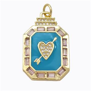 Cupid Arrow Heart Charms Copper Pendant Pave Zirconia Teal Enamel Rectangle Gold Plated, approx 16-23mm [FD16852]