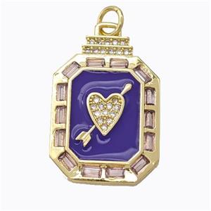 Cupid Arrow Heart Charms Copper Pendant Pave Zirconia Purple Enamel Rectangle Gold Plated, approx 16-23mm [FD16853]