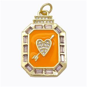 Cupid Arrow Heart Charms Copper Pendant Pave Zirconia Orange Enamel Rectangle Gold Plated, approx 16-23mm [FD16854]