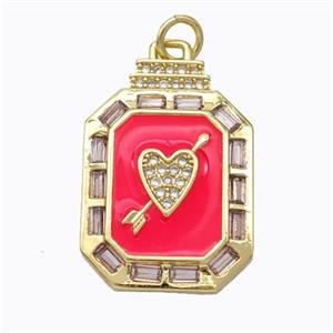 Cupid Arrow Heart Charms Copper Pendant Pave Zirconia Red Enamel Rectangle Gold Plated, approx 16-23mm [FD16855]